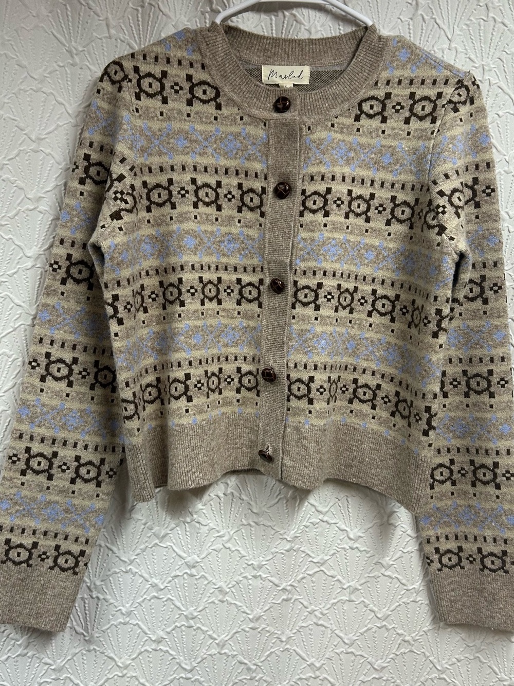 NWT  Marled Beige Patterned Cardigan with Blue Accents